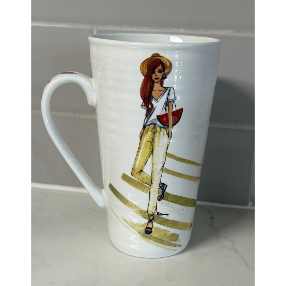 Rongrong Ceramic Coffee Mug 16 fl oz Woman Figural Gold Stripes 6in Perfect